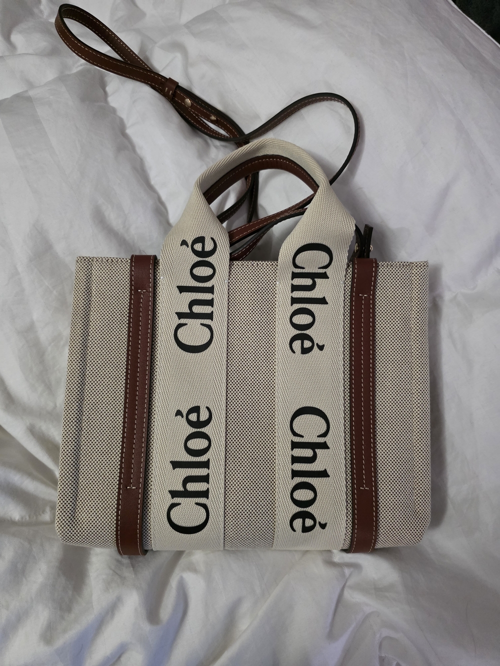 Canvas Logo Tote in Beige and Brown